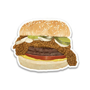 Sticker art of a chili burger with sesame seed bun, beef patty, cheese, lettuce, and tomato on a white background. Official exclusive merchandise from The Hat restaurant Los Angeles.