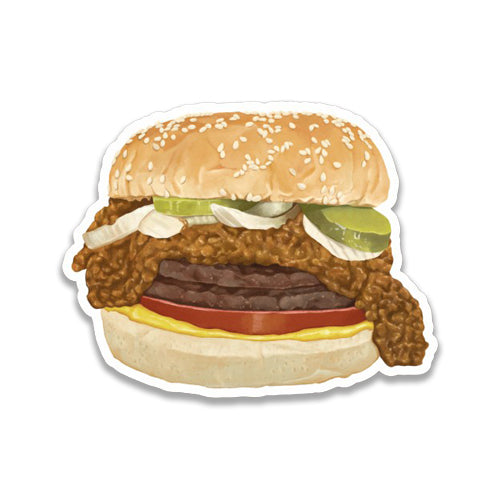Sticker art of a chili burger with sesame seed bun, beef patty, cheese, lettuce, and tomato on a white background. Official exclusive merchandise from The Hat restaurant Los Angeles.